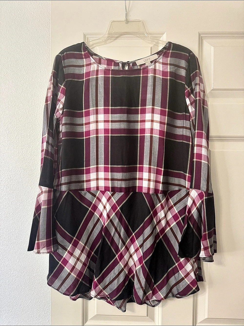 NWT LOFT Plaid Peplum Top Burgundy & Black Size Medium NWT
